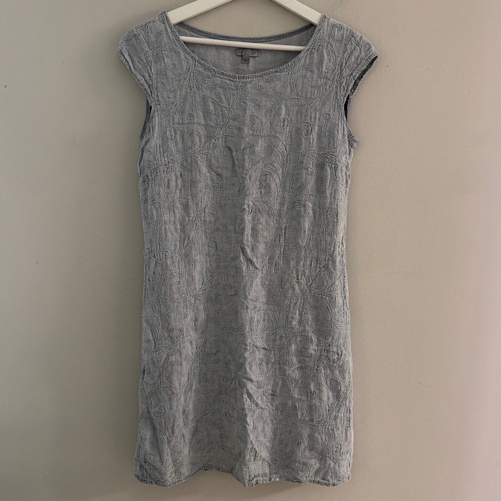 Lina Tomei Italy Grey Embroidered Linen Cap Sleeve Shift Dress Womens Medium